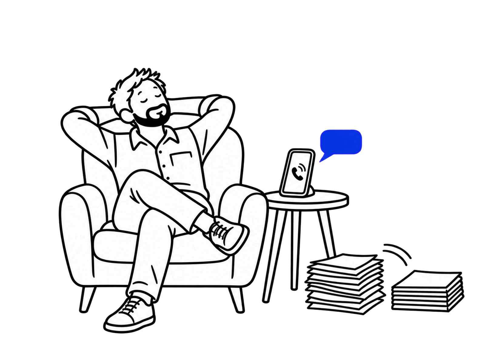 A business owner resting while a phone answers and papers sort themselves