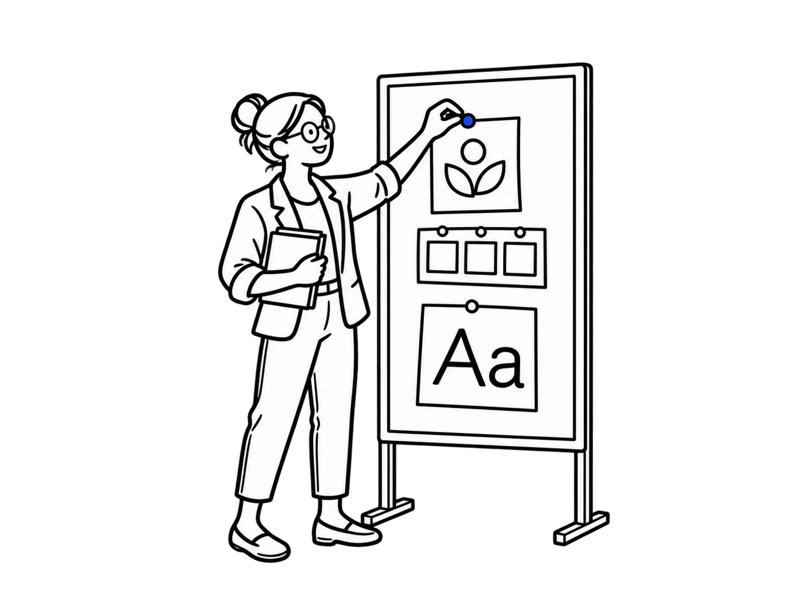 A designer pinning a logo, color swatches and a type specimen to a board
