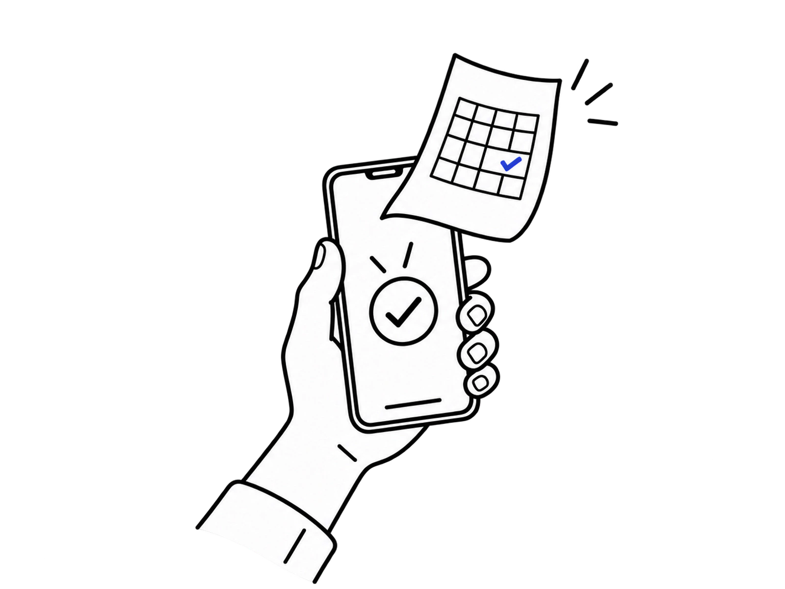 A hand holding a phone as a booking confirmation rises from it