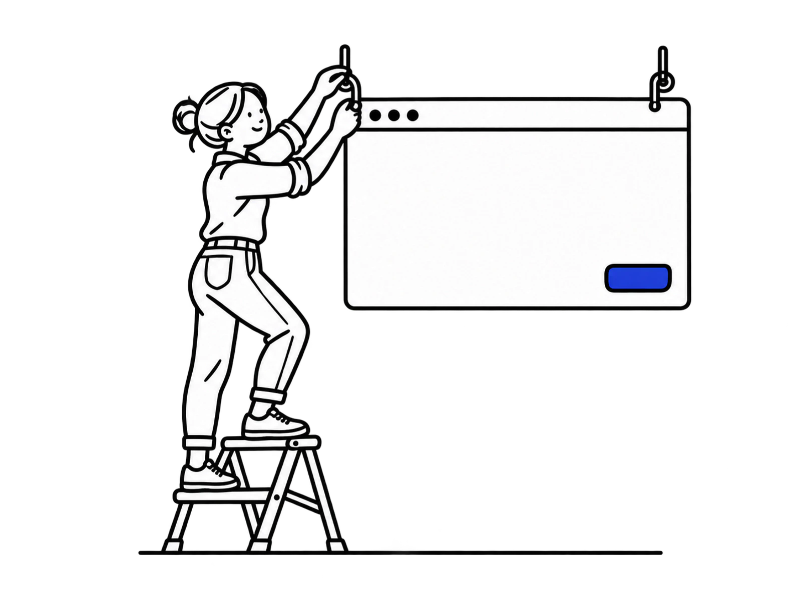 A person on a ladder hanging a browser window like a shop sign
